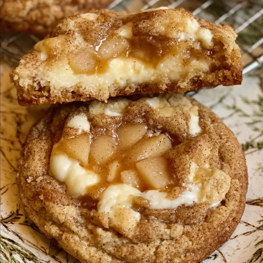 Tray of apple cheesecake cookies cooling on parchment paper