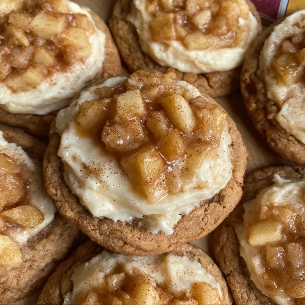 Stack of cookies with visible cheesecake layer and apple topping
