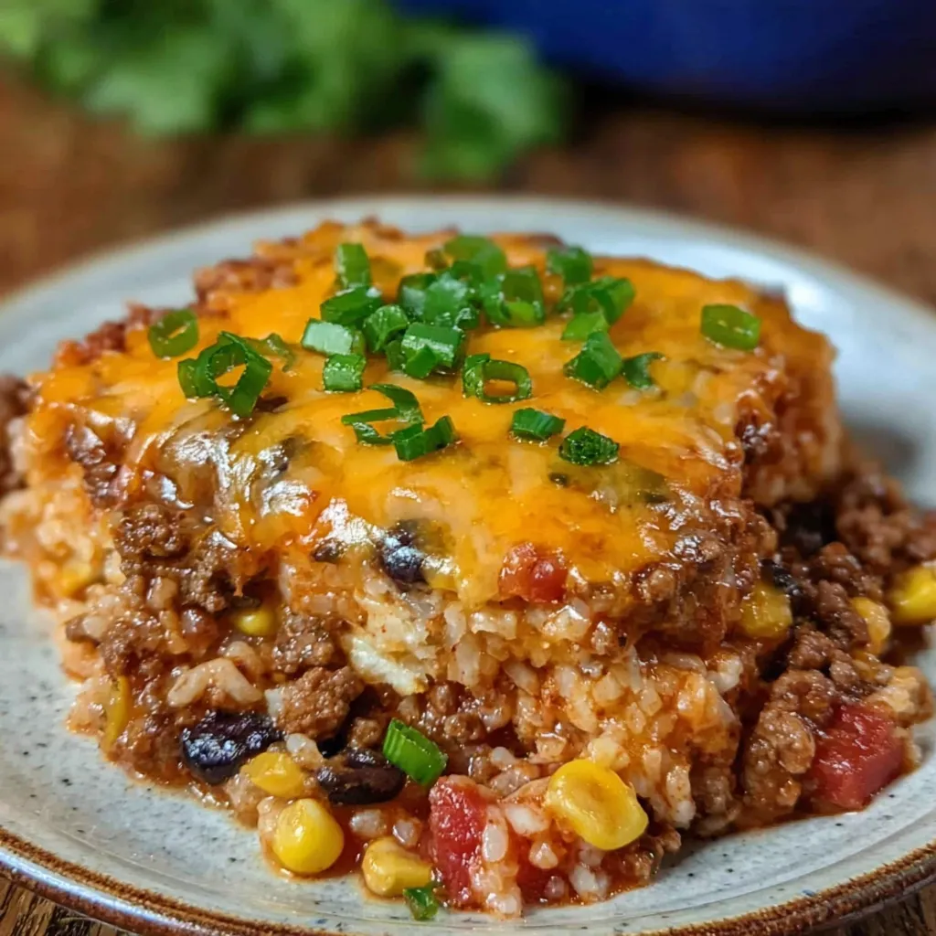 Baking dish of bubbling enchilada casserole just out of oven