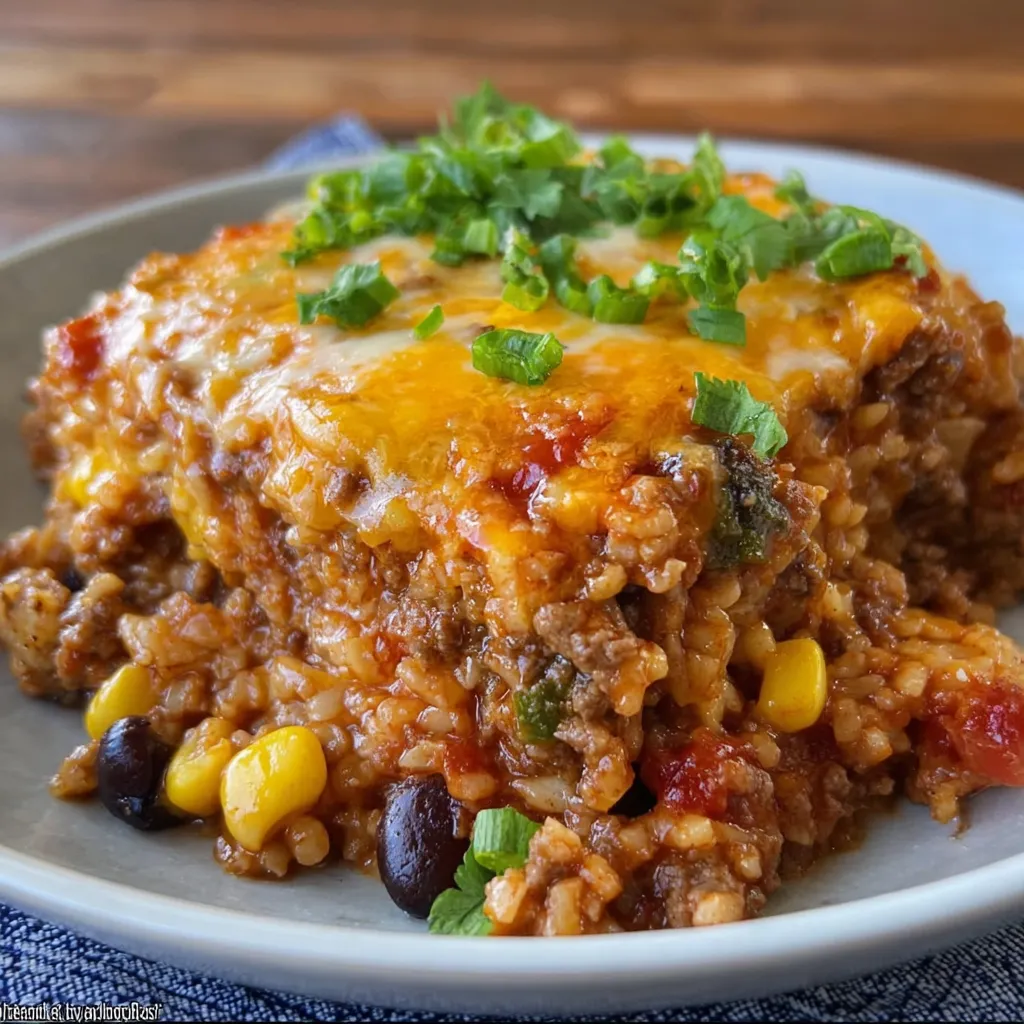 Close-up of enchilada casserole scoop with beef and cheese