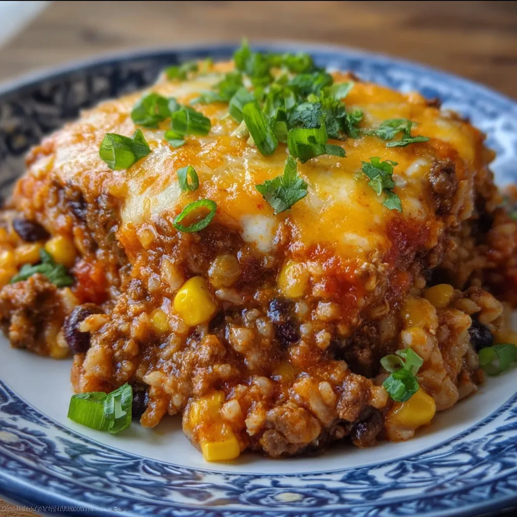 Cheesy beef enchilada casserole topped with cilantro