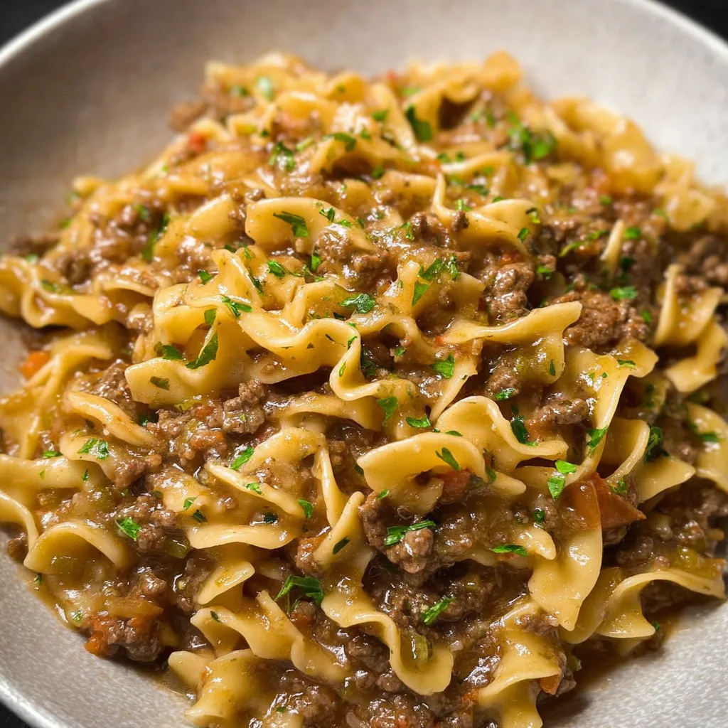 Beef and noodles coated in rich gravy in a pot