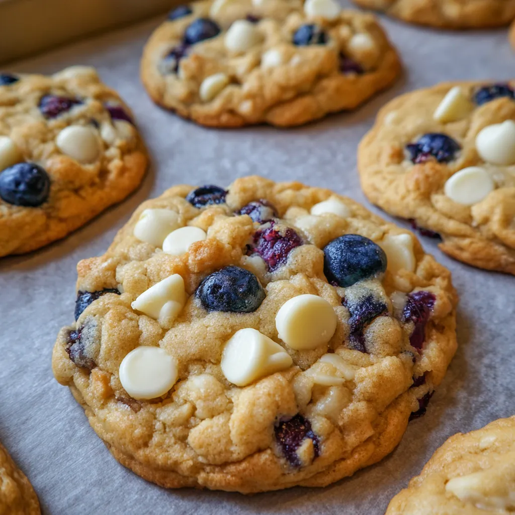 Blueberry white chocolate chip cookies stacked on a plate