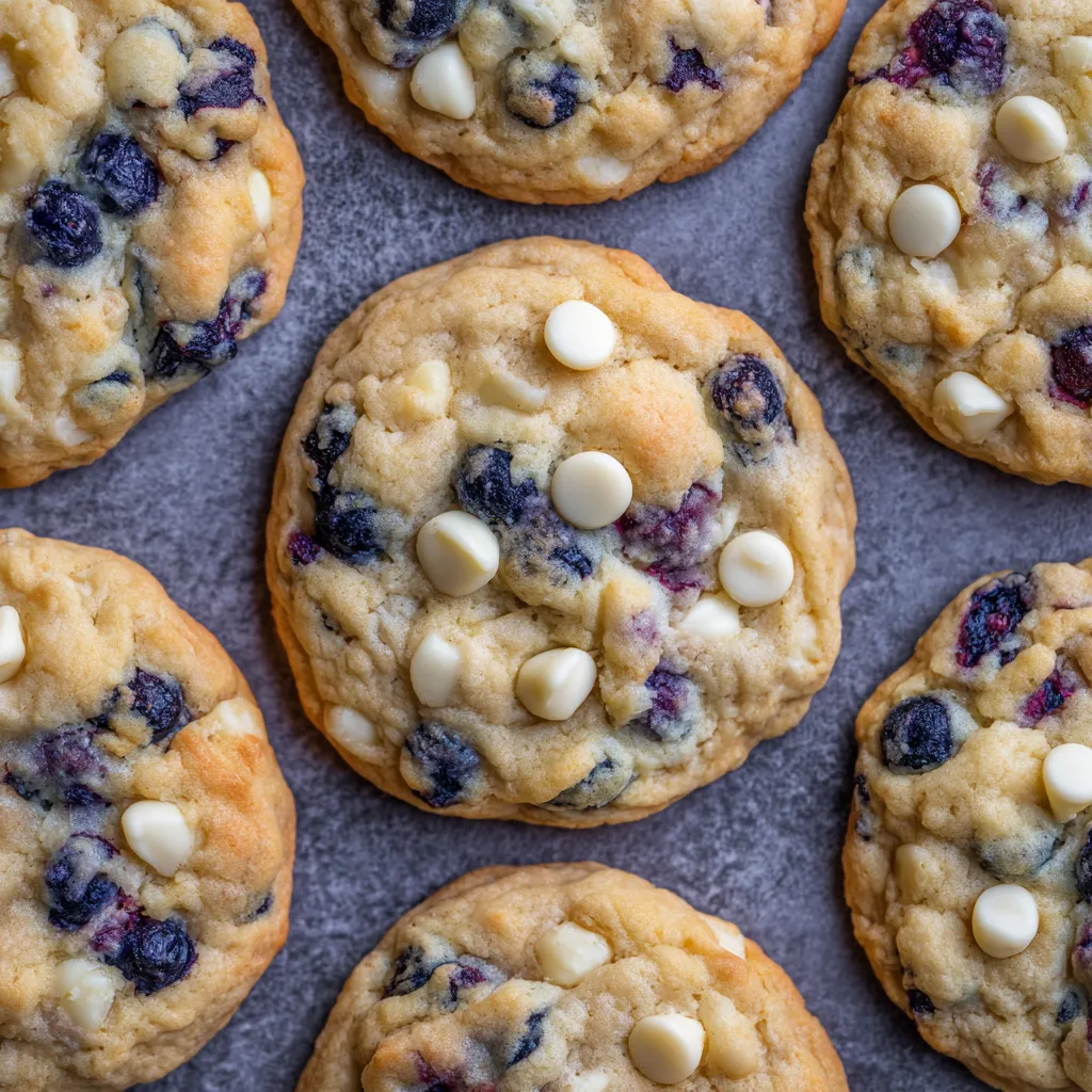 Tray of blueberry white chocolate cookies cooling on parchment