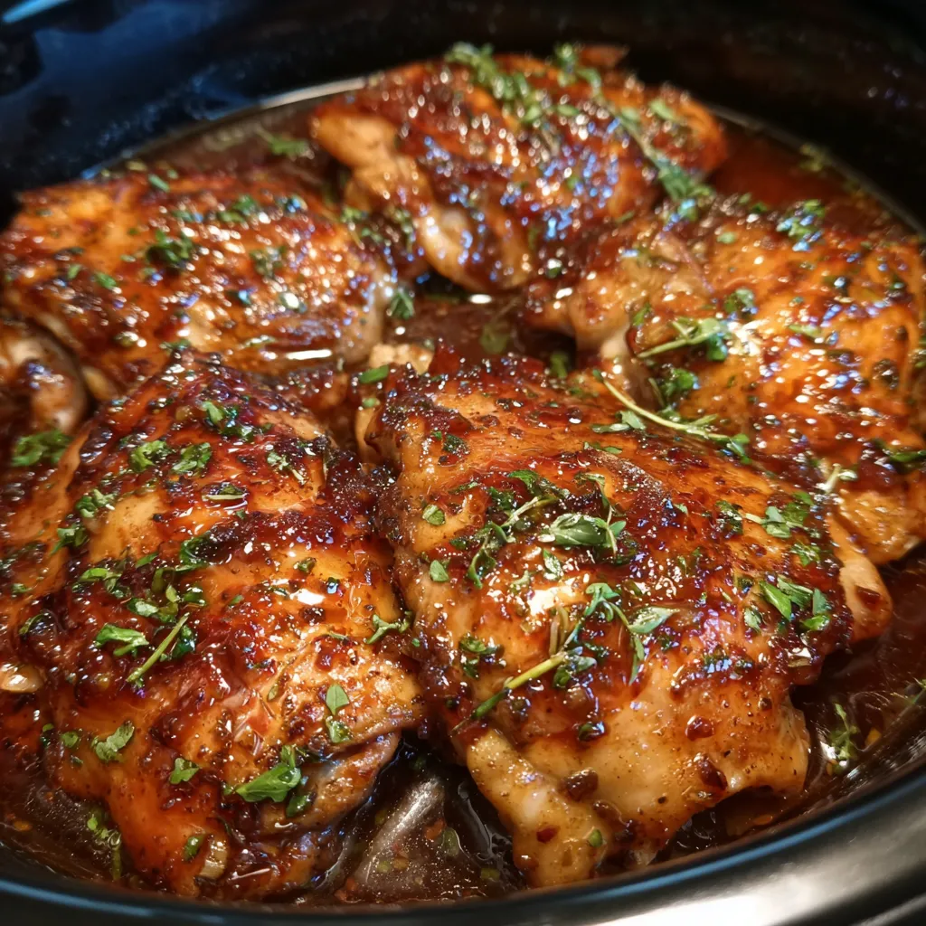 Plate of chicken with sauce and rice garnish