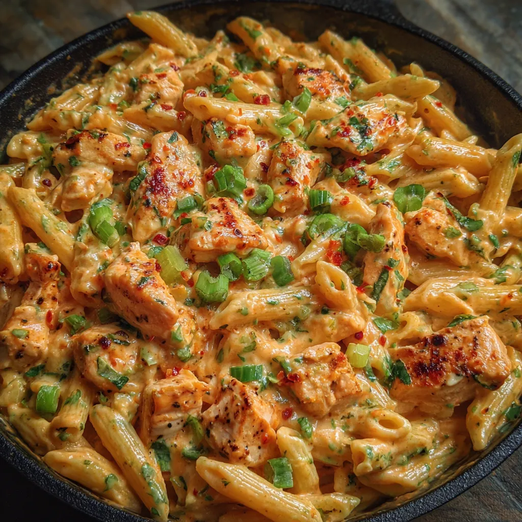 Creamy buffalo chicken pasta in a pot with herbs