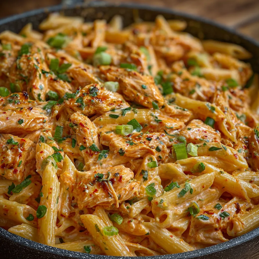 Bowl of buffalo chicken pasta topped with green onions
