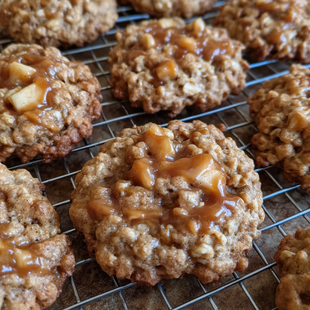Close-up of cookie with melty caramel and apple chunks