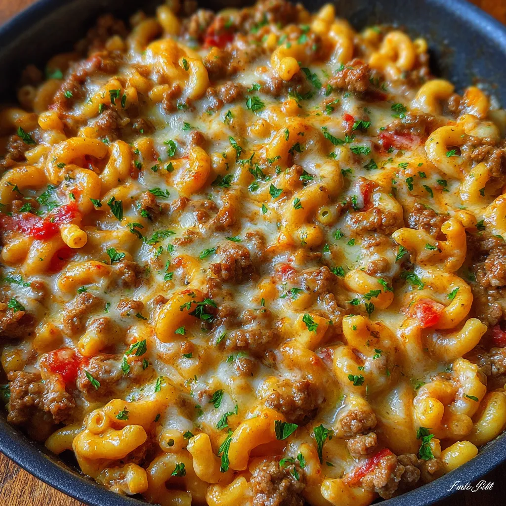 Skillet of cheeseburger casserole topped with melted cheese