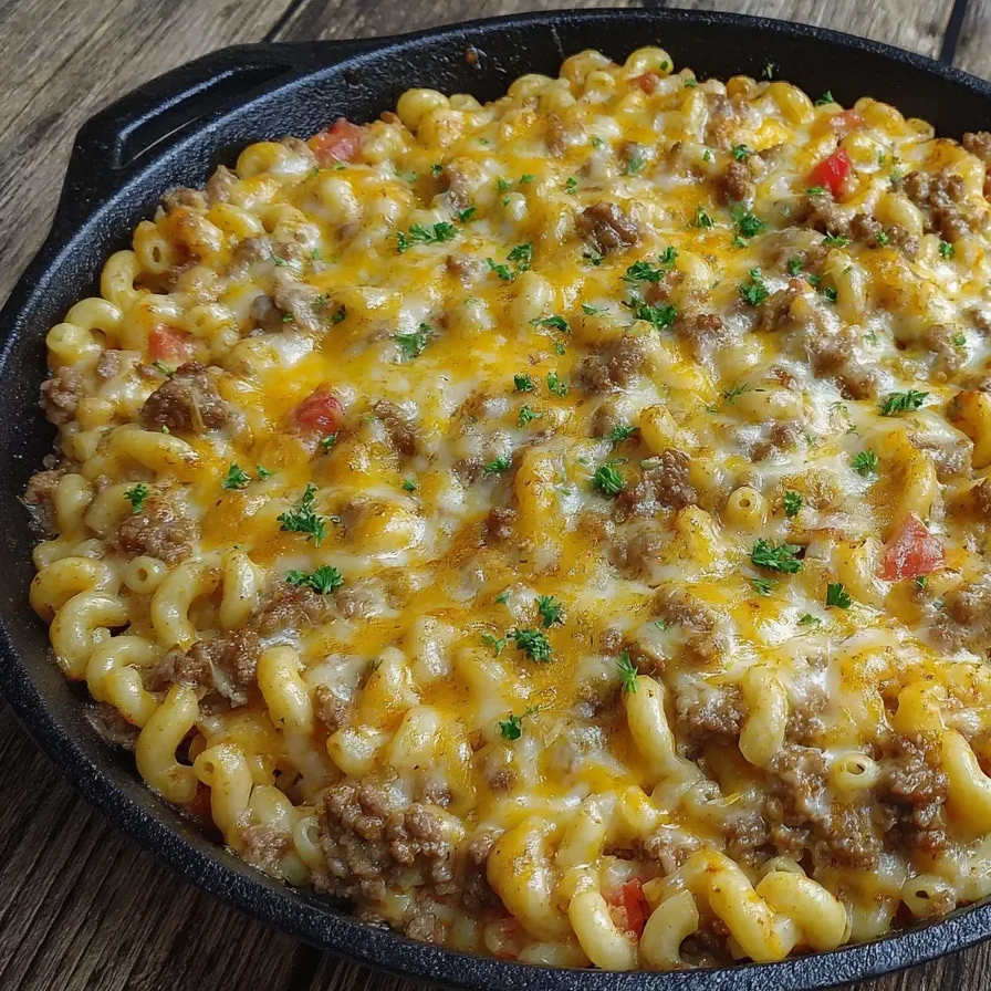 Bowl of cheeseburger casserole topped with parsley
