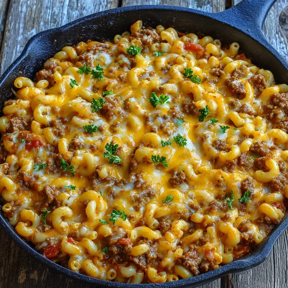 Skillet with spoon scooping creamy cheeseburger pasta