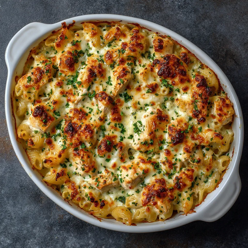 Cheesy chicken pasta bake fresh from the oven
