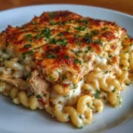 Close-up of cheesy pasta scoop with chicken