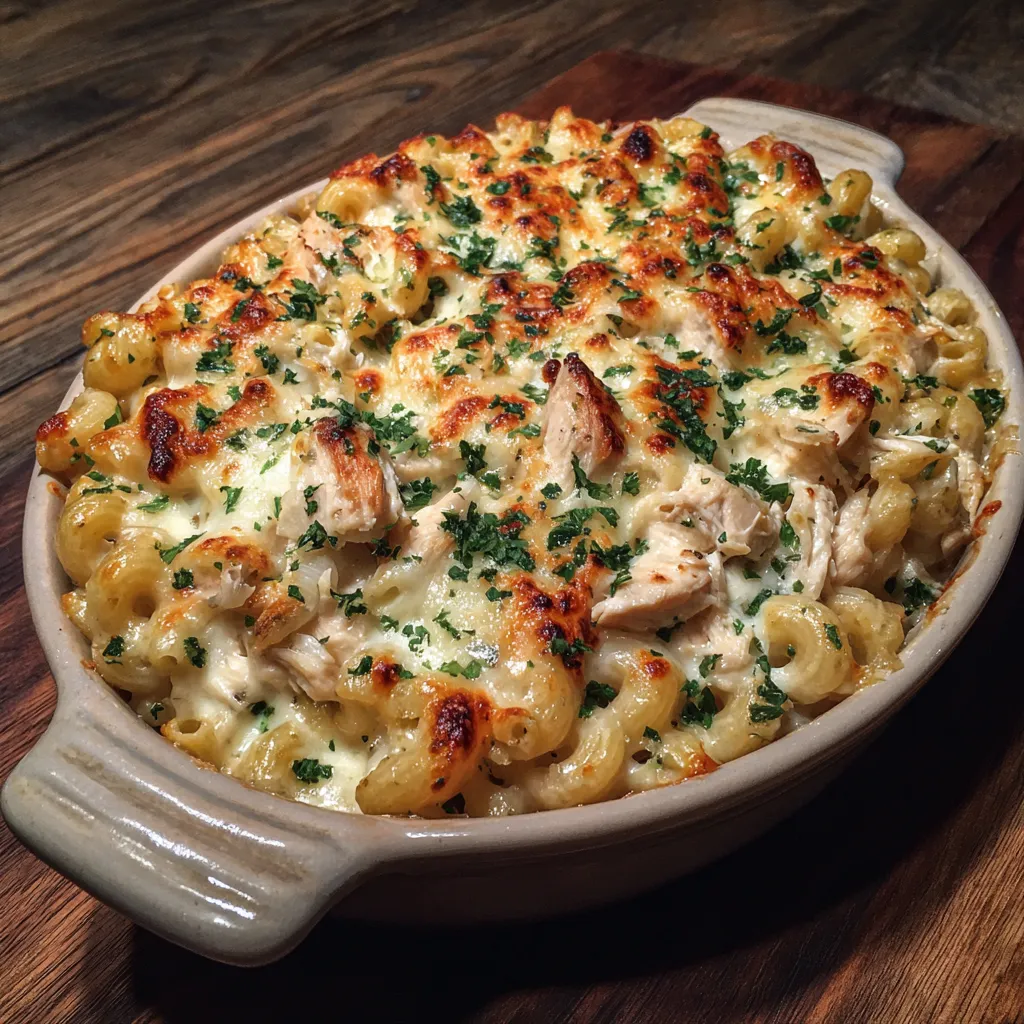Serving of chicken pasta bake on a plate