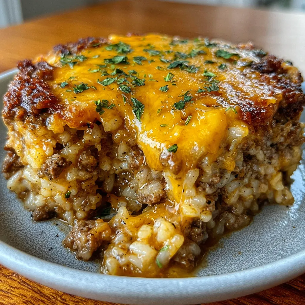 Skillet of cheesy hamburger rice casserole with melted cheese