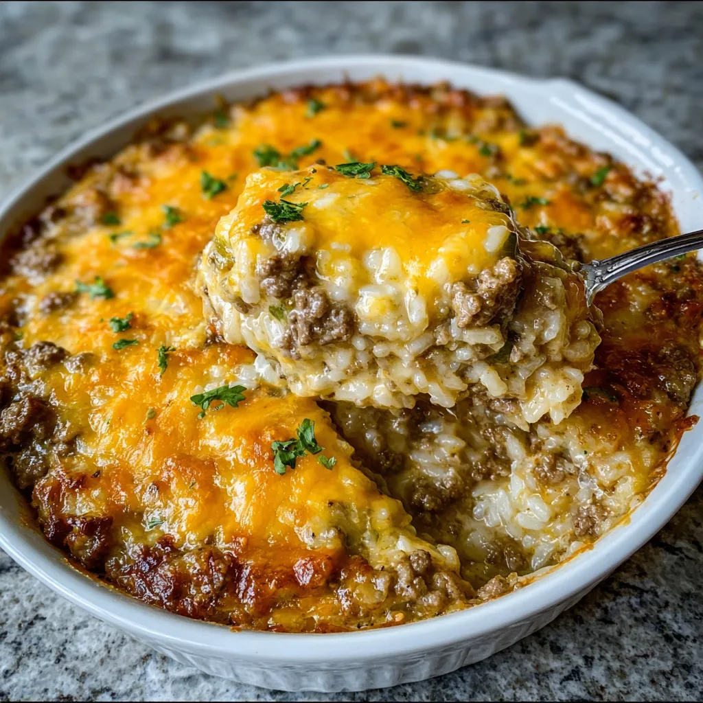 Close-up of cheesy beef and rice casserole scoop