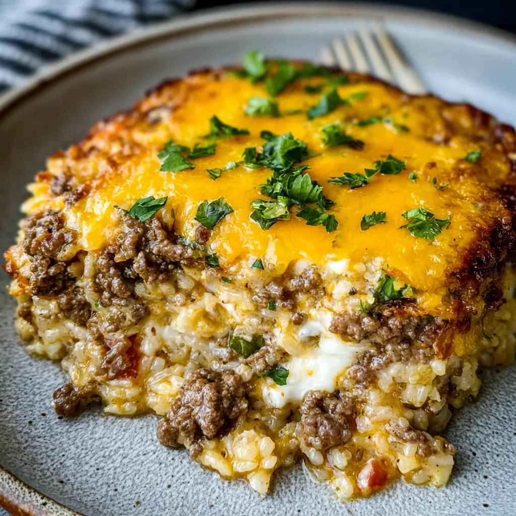 Plate of hamburger rice casserole with parsley garnish