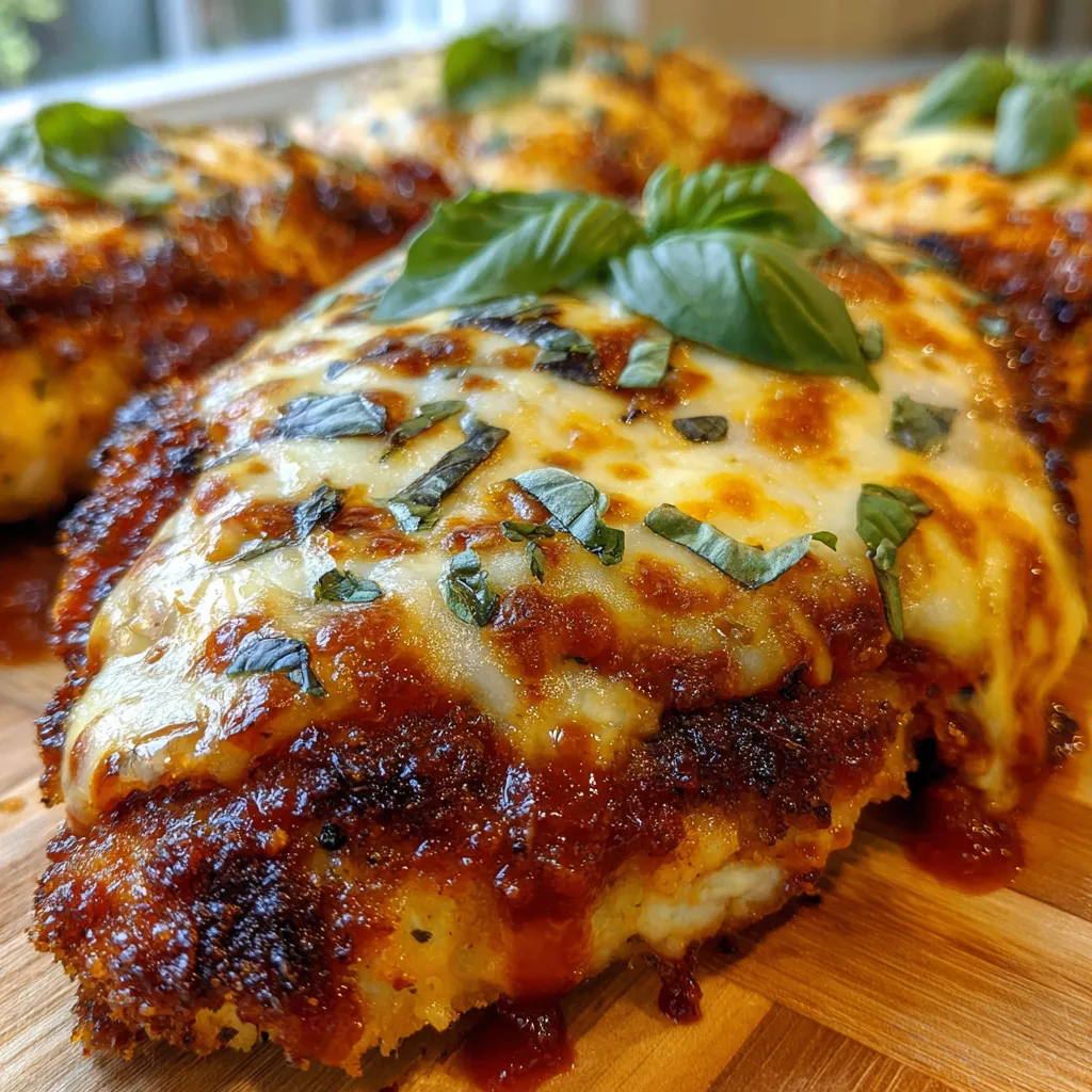 Close-up of golden baked chicken parmesan with tomato sauce