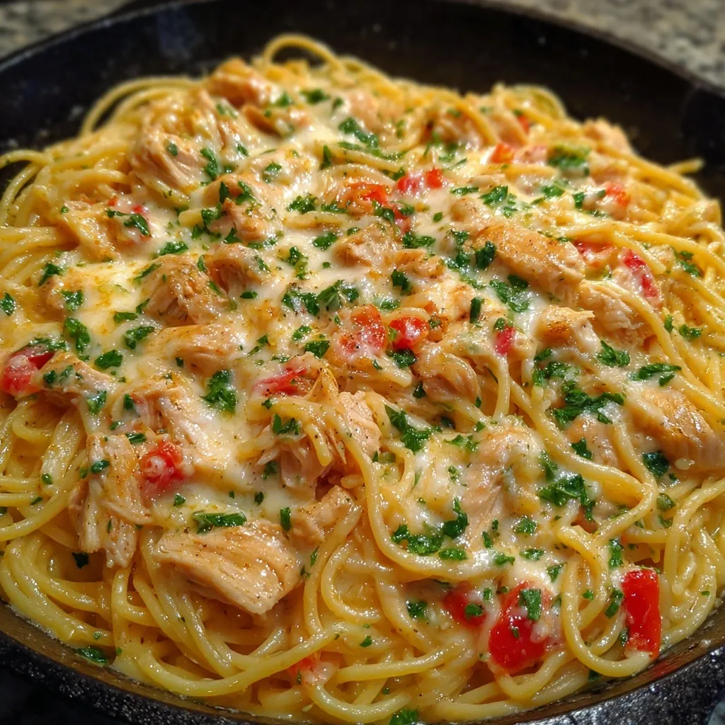 Close-up of creamy spaghetti with chicken and Rotel