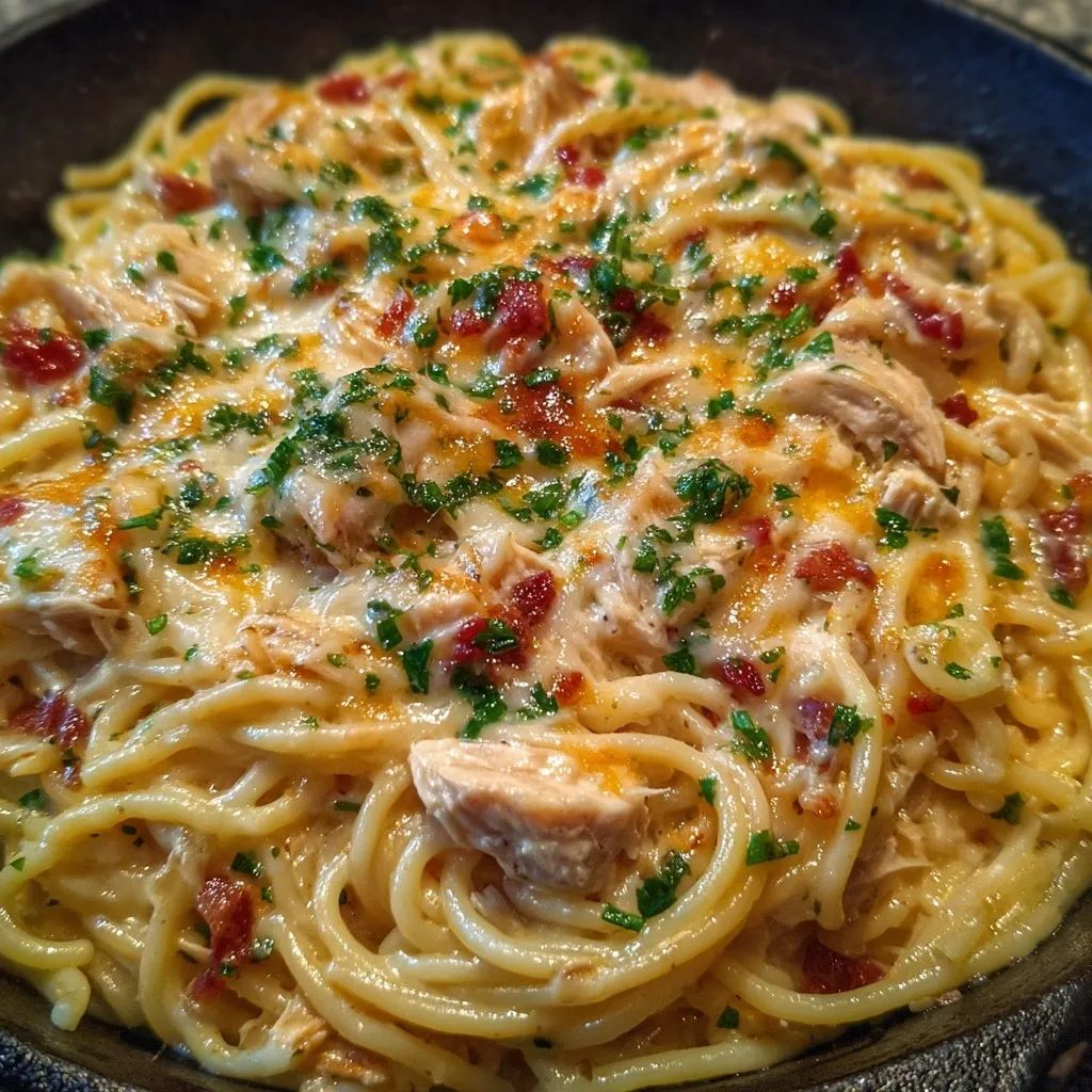 Serving of chicken Rotel spaghetti on a plate
