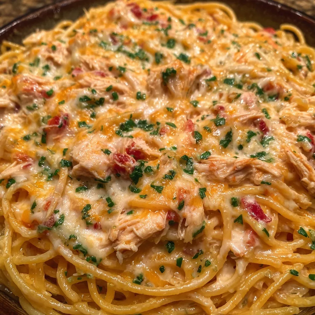 Fork twirling cheesy chicken spaghetti