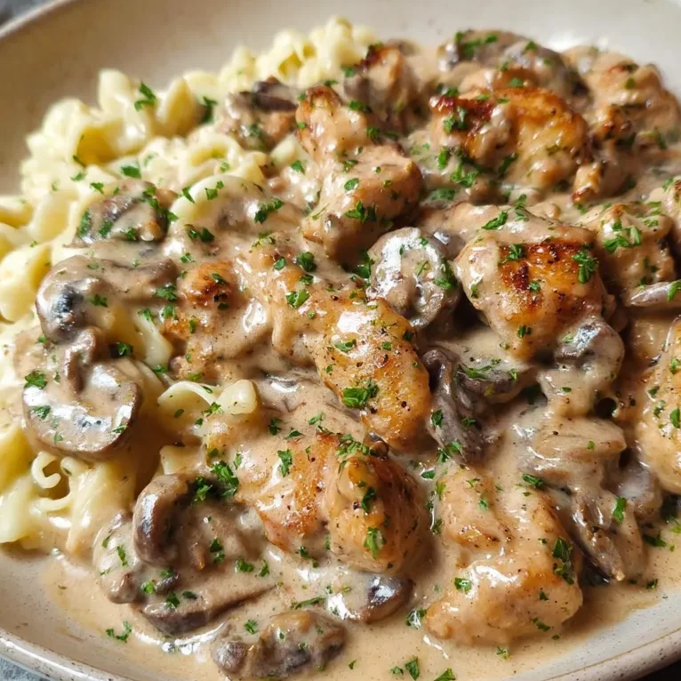 Plate of chicken stroganoff with sauce and egg noodles
