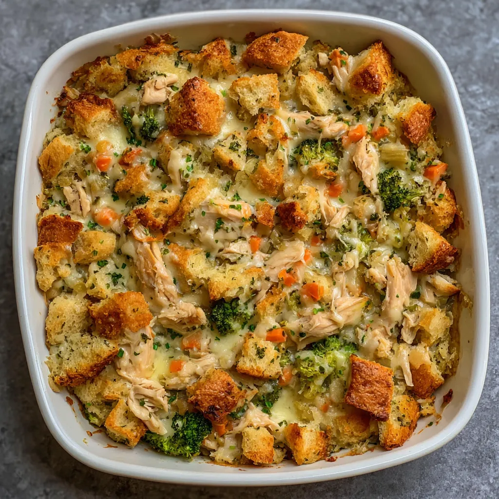 Chicken and stuffing casserole golden and bubbling in baking dish