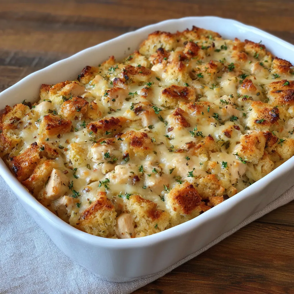 Close-up of chicken and stuffing layers on a serving spoon