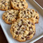 Chocolate chip and toffee shortbread cookies stacked on a plate
