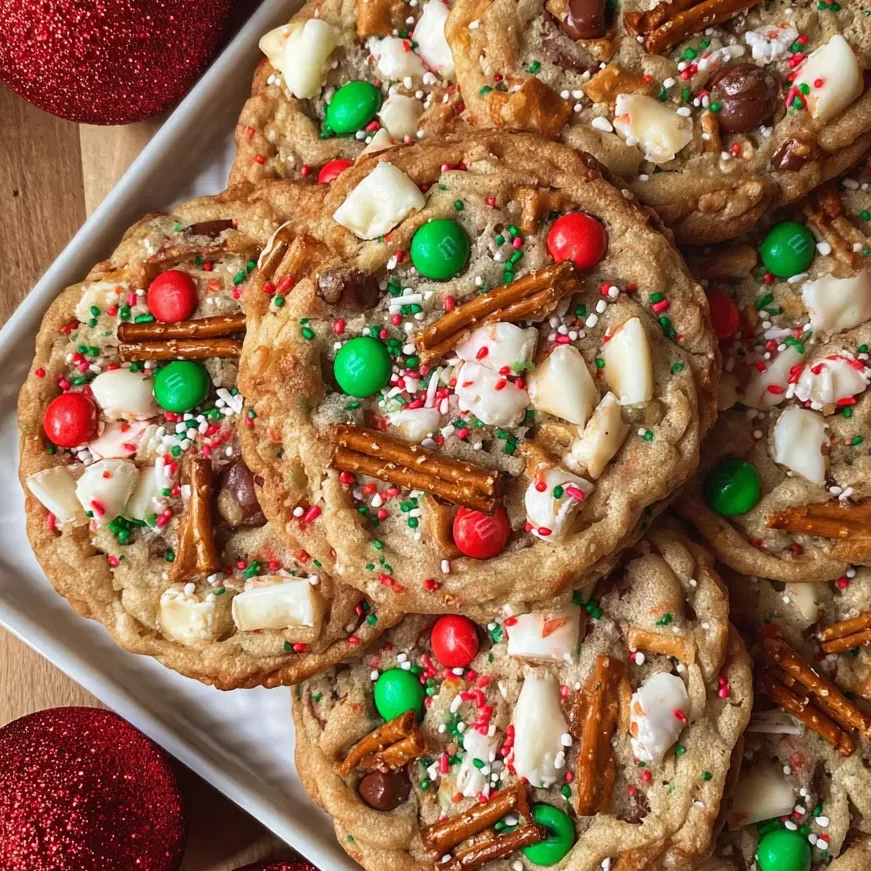 Close-up of cookie showing pretzel and M&M pieces
