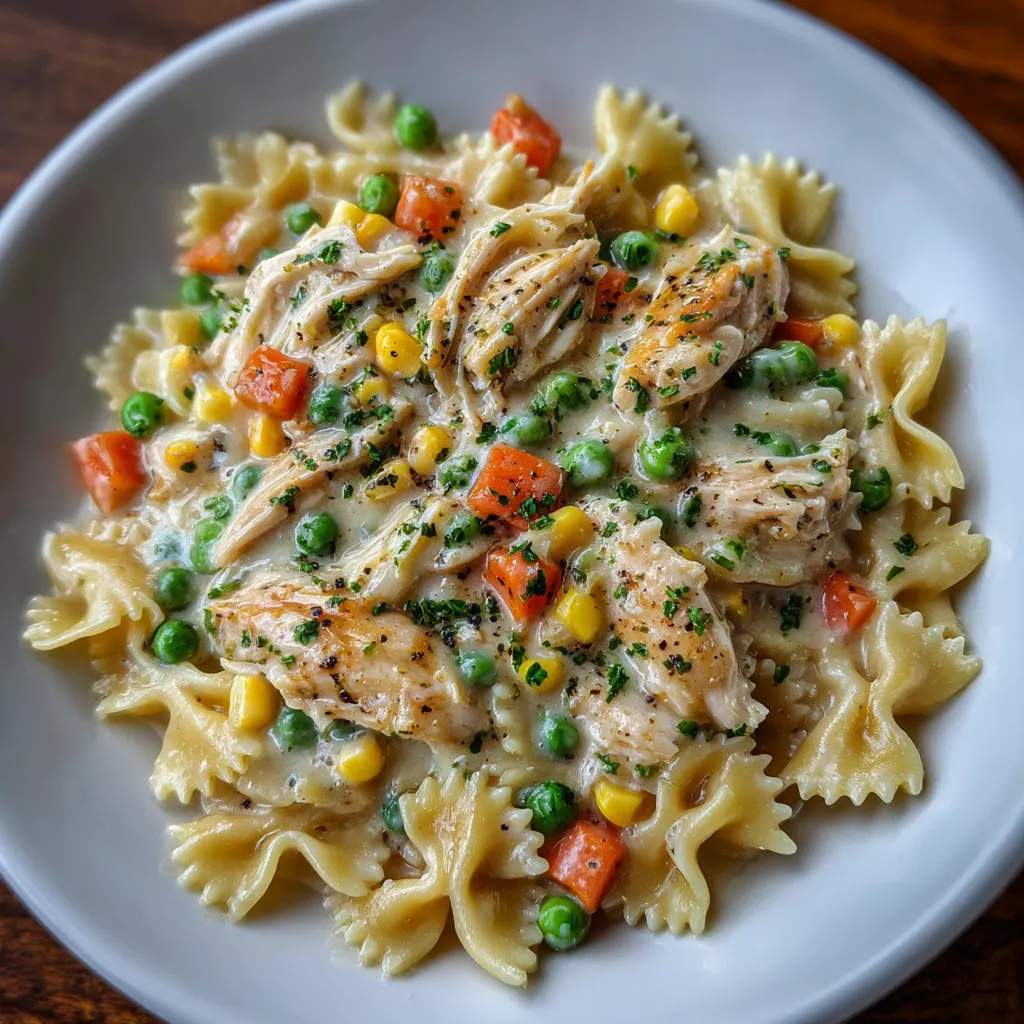 Creamy chicken pot pie pasta in a pot