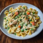 Close-up of pasta with chicken, peas, and carrots