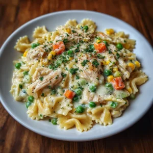 Close-up of pasta with chicken, peas, and carrots