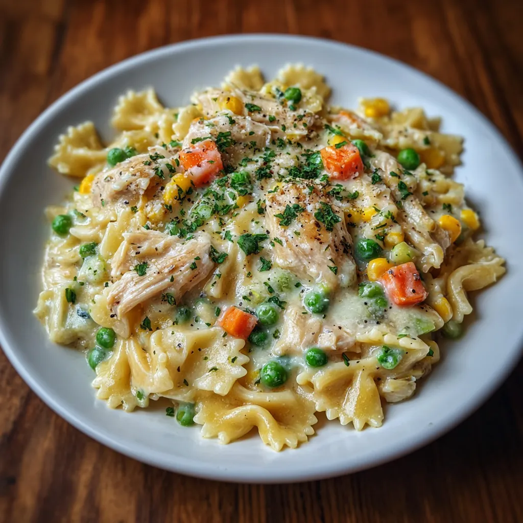 Close-up of pasta with chicken, peas, and carrots