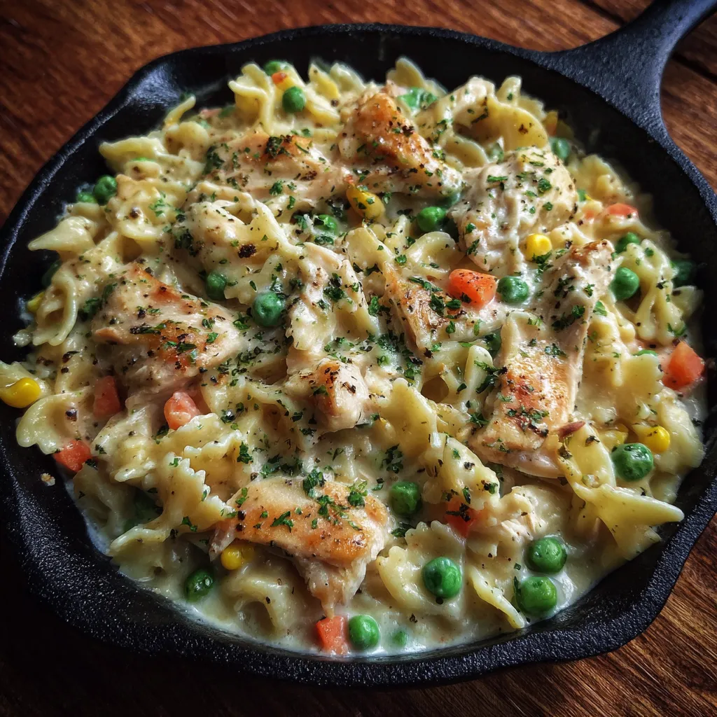 Bowl of chicken pot pie pasta with parsley