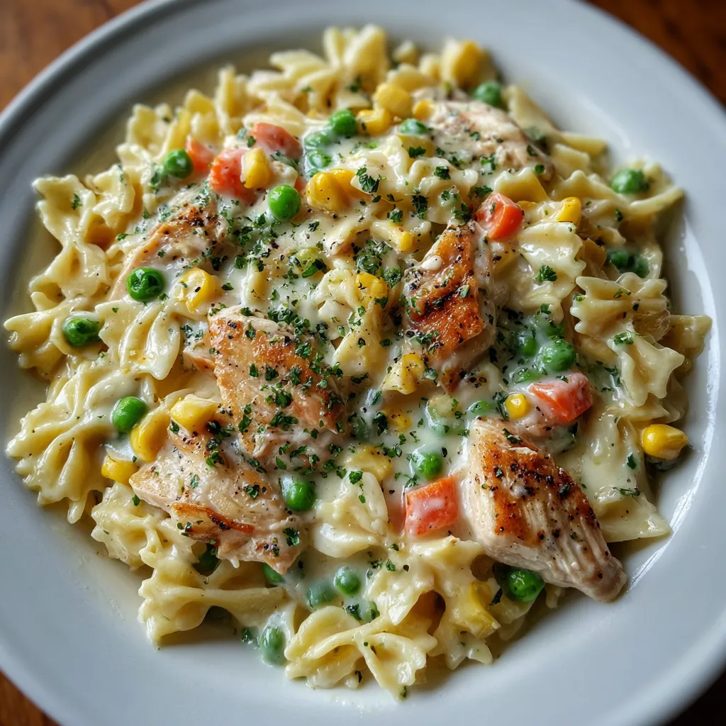 Fork lifting creamy pot pie pasta