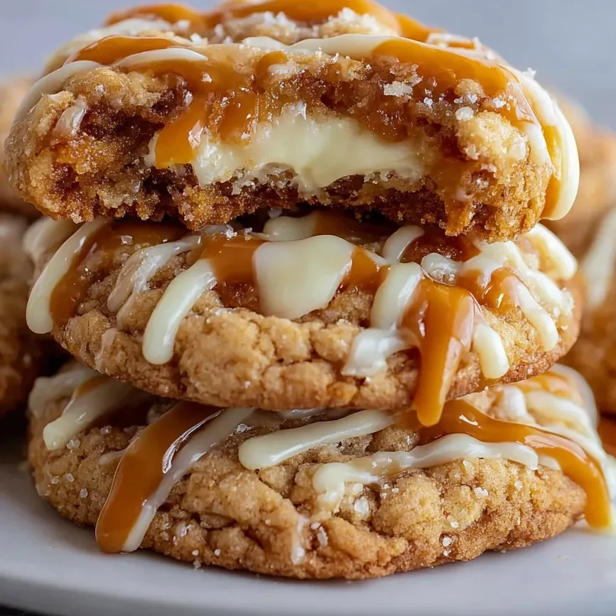 Salted caramel cheesecake cookies with caramel drizzle