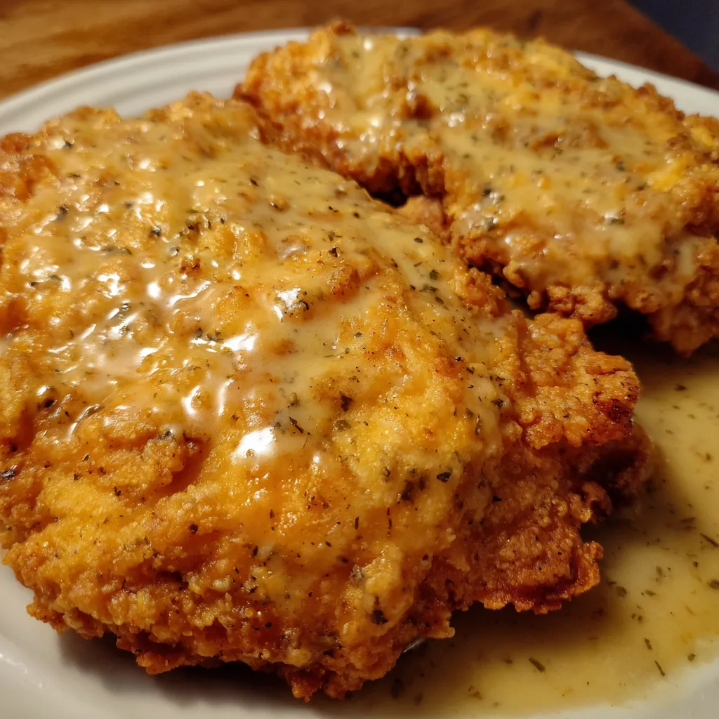 Plate of country fried chicken with green beans and mashed potatoes