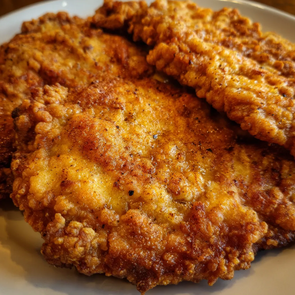 Close-up of crispy fried chicken breast cut in half