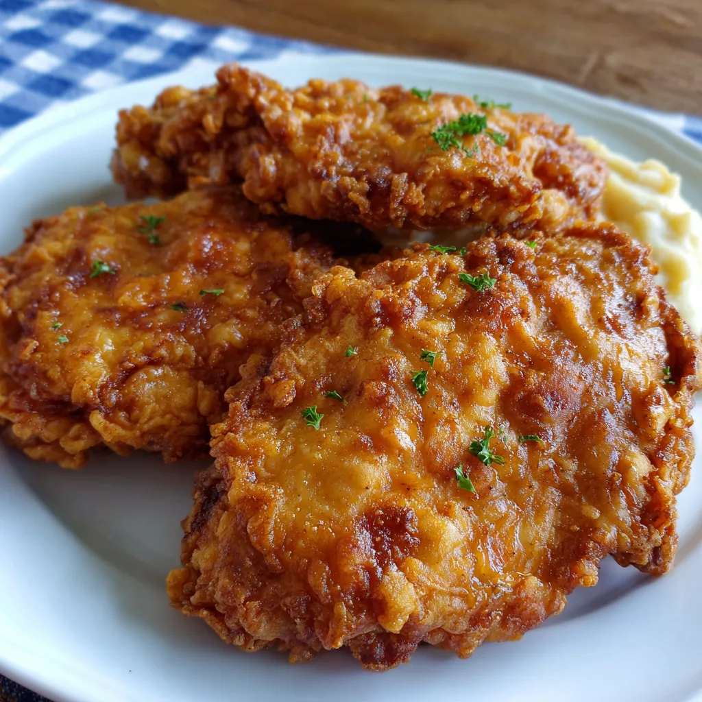 Crispy country fried chicken on a plate with gravy