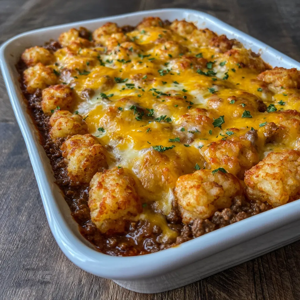 Cowboy casserole baked golden with crispy tater tots