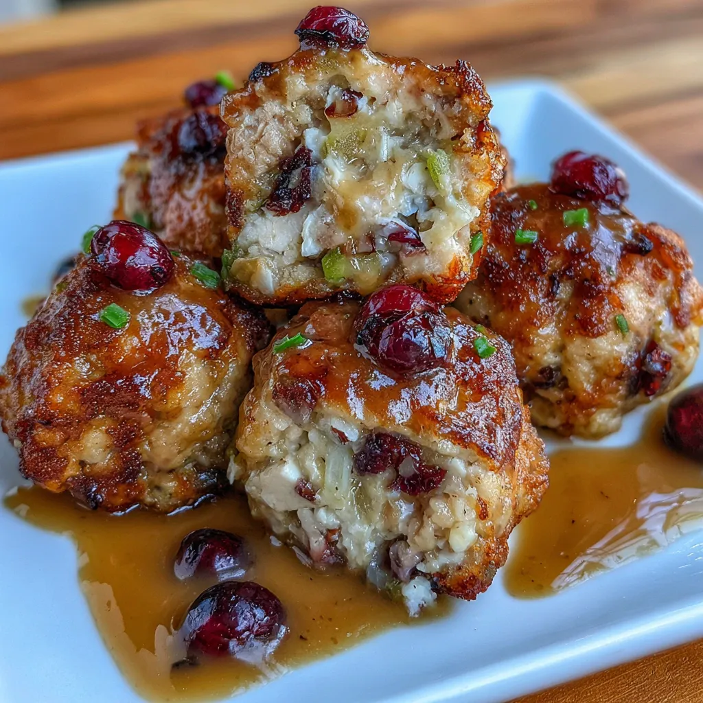 Close-up of turkey stuffing ball dipped in gravy