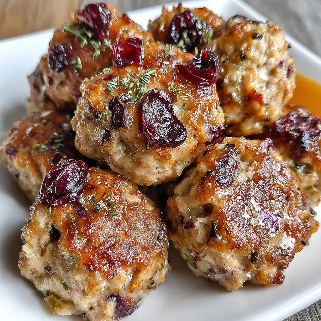 Serving platter of stuffing balls with fresh herbs and cranberry dip