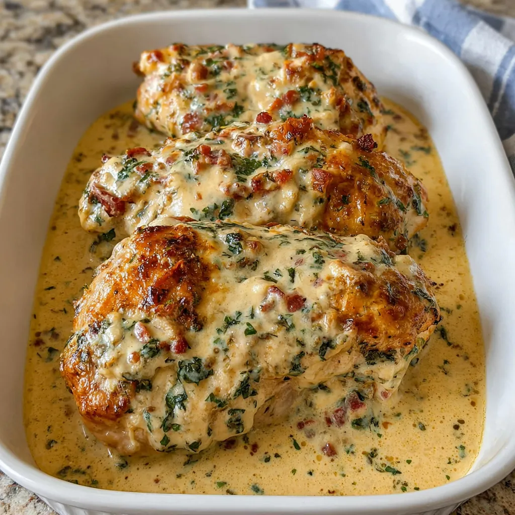Creamy baked chicken in casserole dish bubbling with sauce