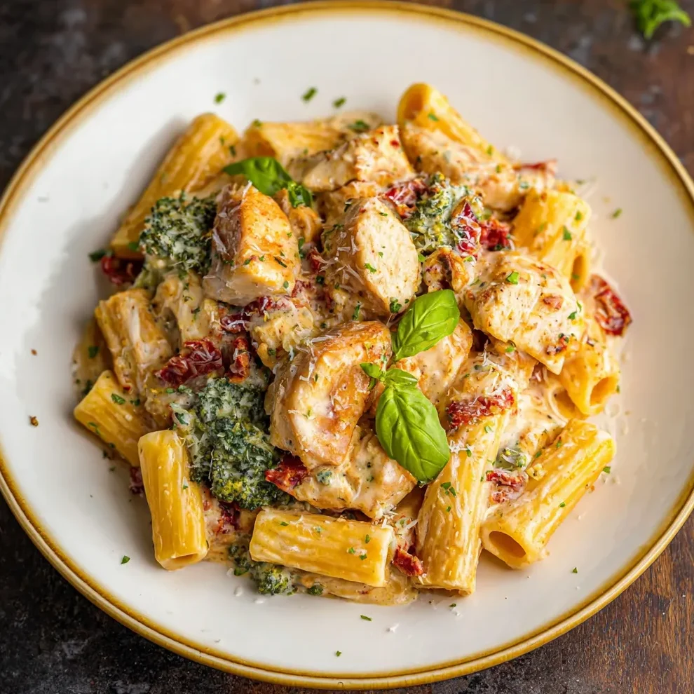 Bowl of Boursin chicken pasta with parsley