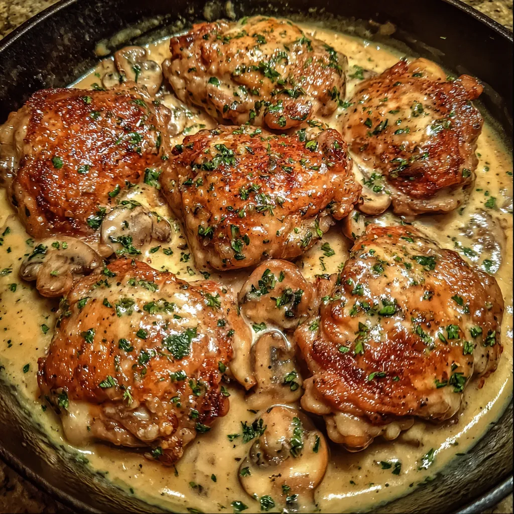 Close-up of chicken thighs coated in Dijon cream sauce