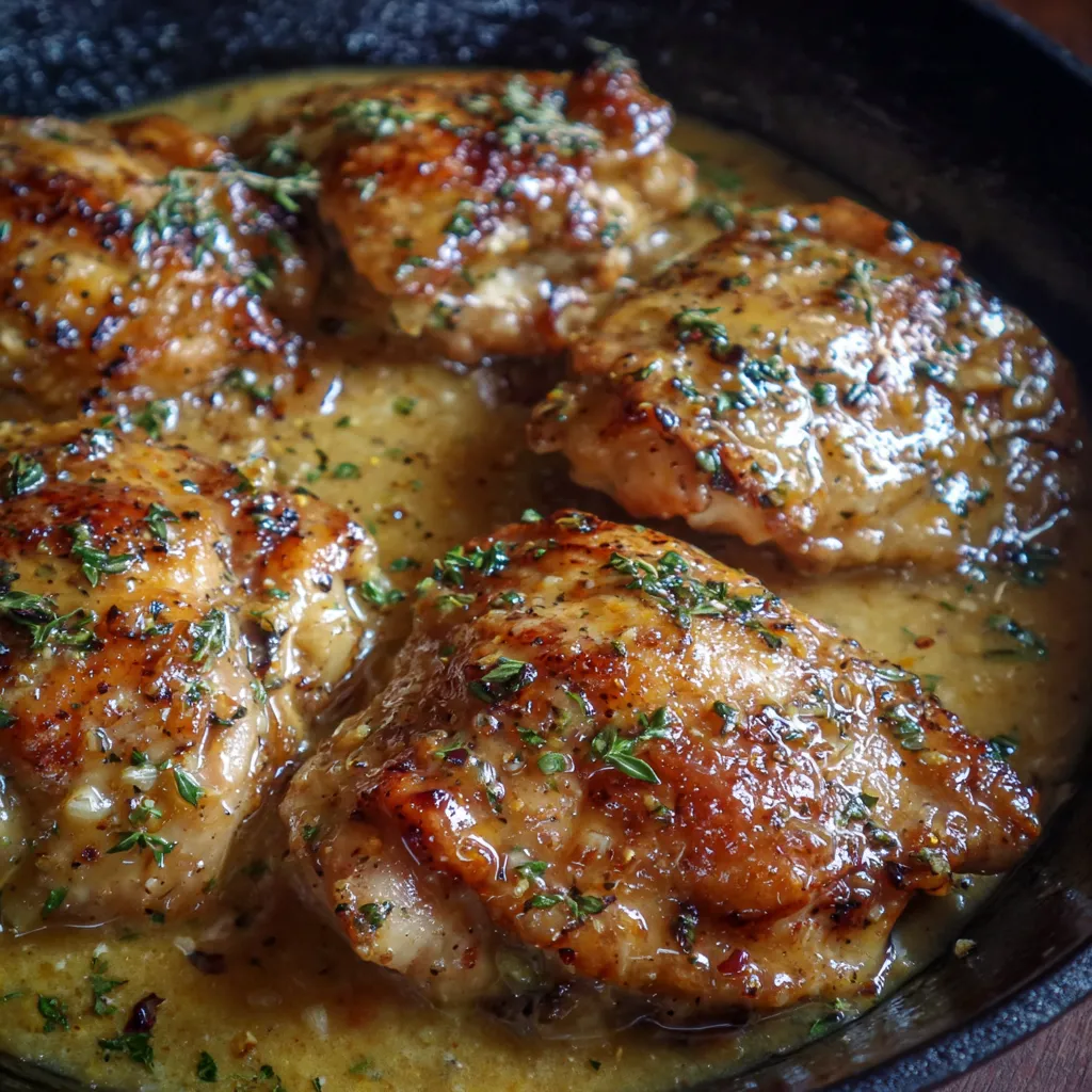 Plate of Dijon chicken with rice and parsley garnish