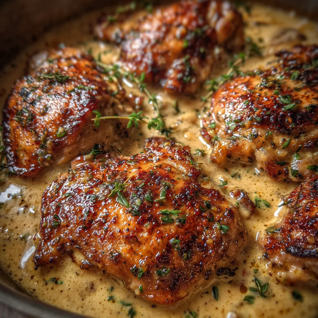 Skillet of creamy Dijon chicken ready to serve