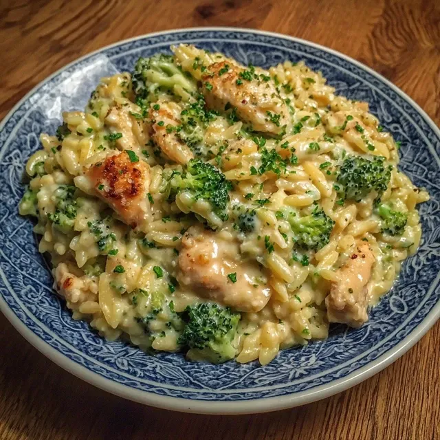 Close-up showing creamy orzo, chicken, and broccoli