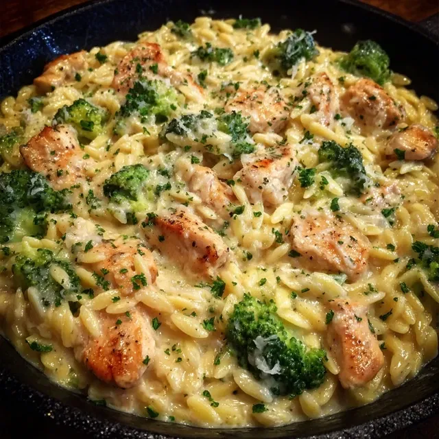 Bowl of cheesy chicken broccoli orzo topped with parsley